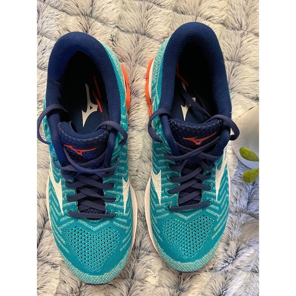 Womens Mizuno Running Shoes 7.5 WaveKnit R2 Teal Navy Orange - Picture 7 of 8